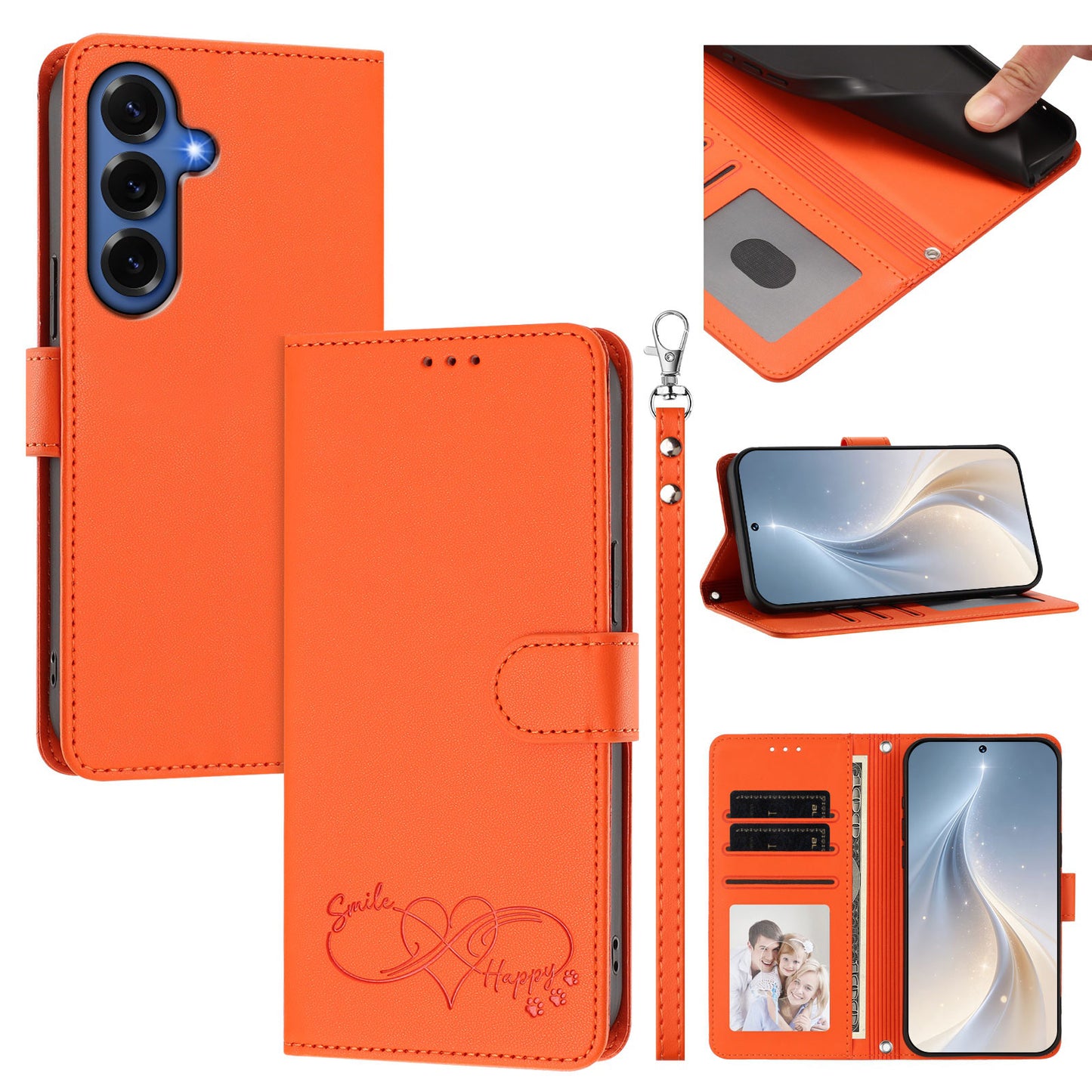 For Samsung Galaxy S26+ Case PU Leather Heart Pattern Wallet Flip Phone Cover with Hand Strap