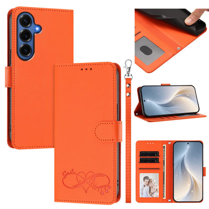 For Samsung Galaxy S26+ Case PU Leather Heart Pattern Wallet Flip Phone Cover with Hand Strap