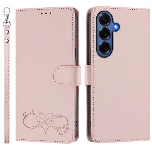 For Samsung Galaxy S26+ Case PU Leather Heart Pattern Wallet Flip Phone Cover with Hand Strap