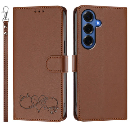 For Samsung Galaxy S26+ Case PU Leather Heart Pattern Wallet Flip Phone Cover with Hand Strap