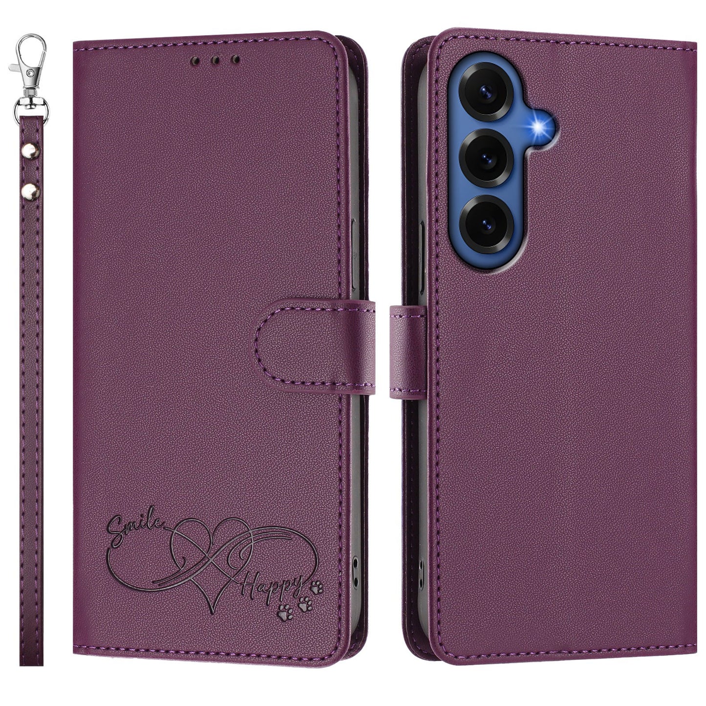 For Samsung Galaxy S26+ Case PU Leather Heart Pattern Wallet Flip Phone Cover with Hand Strap