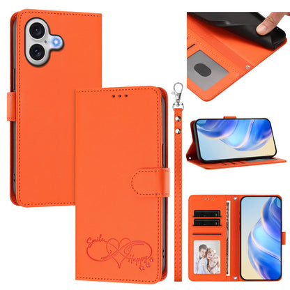 For iPhone 18 / iPhone 17 Case PU Leather Heart Pattern Wallet Flip Phone Cover with Hand Strap