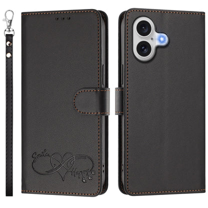 For iPhone 18 / iPhone 17 Case PU Leather Heart Pattern Wallet Flip Phone Cover with Hand Strap