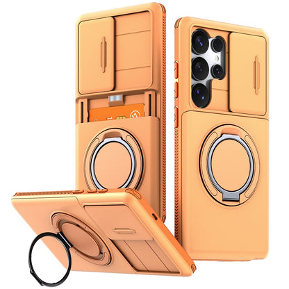 For Samsung Galaxy S25 Ultra Case Slide Camera Cover Kickstand TPU + PC Phone Protective Shell with Card Holder