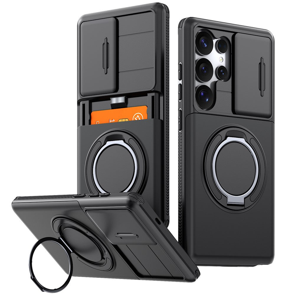 For Samsung Galaxy S25 Ultra Case Slide Camera Cover Kickstand TPU + PC Phone Protective Shell with Card Holder