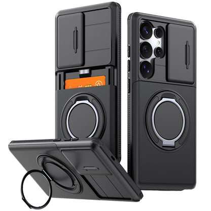 For Samsung Galaxy S25 Ultra Case Slide Camera Cover Kickstand TPU + PC Phone Protective Shell with Card Holder