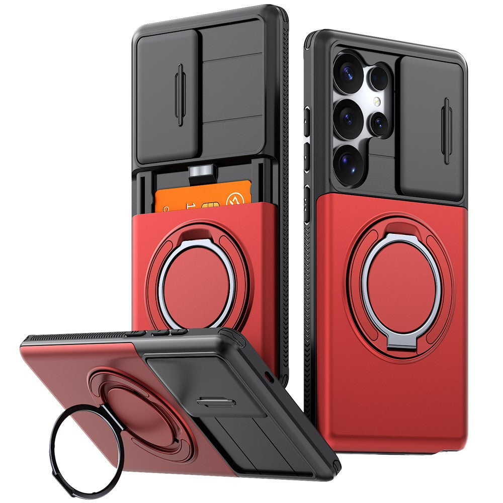 For Samsung Galaxy S25 Ultra Case Slide Camera Cover Kickstand TPU + PC Phone Protective Shell with Card Holder