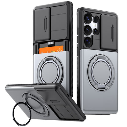 For Samsung Galaxy S25 Ultra Case Slide Camera Cover Kickstand TPU + PC Phone Protective Shell with Card Holder