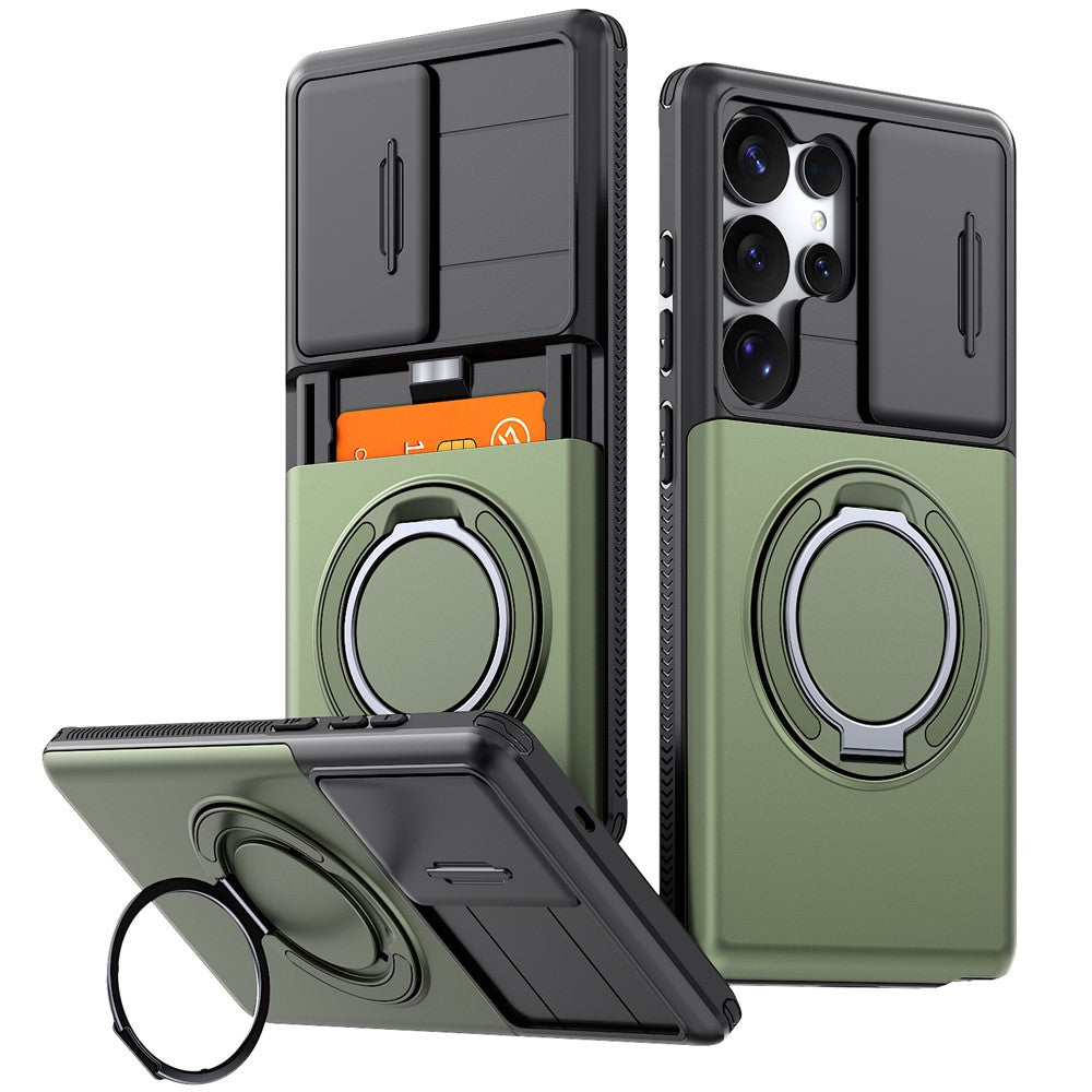For Samsung Galaxy S25 Ultra Case Slide Camera Cover Kickstand TPU + PC Phone Protective Shell with Card Holder