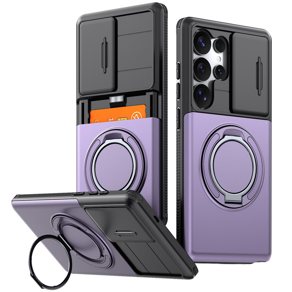 For Samsung Galaxy S25 Ultra Case Slide Camera Cover Kickstand TPU + PC Phone Protective Shell with Card Holder
