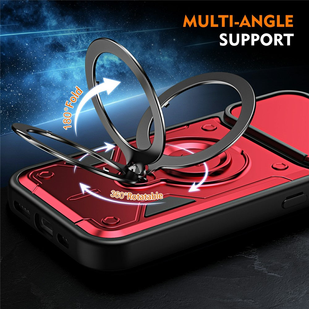 For iPhone 16 Magnetic Case Rotating Kickstand Lens Slider Cover PC + TPU Phone Shell with Tempered Glass Flim