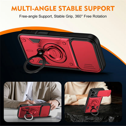 For iPhone 16 Magnetic Case Rotating Kickstand Lens Slider Cover PC + TPU Phone Shell with Tempered Glass Flim