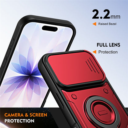 For iPhone 16 Magnetic Case Rotating Kickstand Lens Slider Cover PC + TPU Phone Shell with Tempered Glass Flim