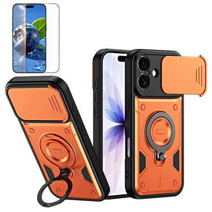 For iPhone 16 Magnetic Case Rotating Kickstand Lens Slider Cover PC + TPU Phone Shell with Tempered Glass Flim