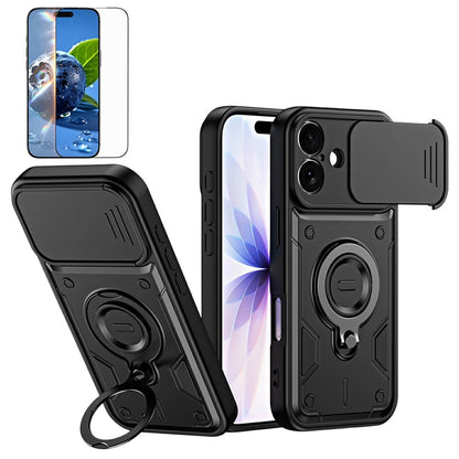 For iPhone 16 Magnetic Case Rotating Kickstand Lens Slider Cover PC + TPU Phone Shell with Tempered Glass Flim
