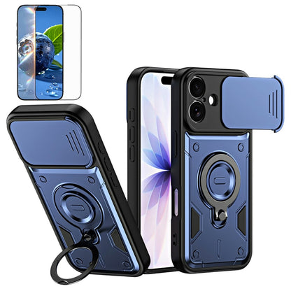 For iPhone 16 Magnetic Case Rotating Kickstand Lens Slider Cover PC + TPU Phone Shell with Tempered Glass Flim