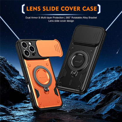For iPhone 16 Pro Magnetic Case Rotating Kickstand Lens Slider Cover PC + TPU Phone Shell with Tempered Glass Flim