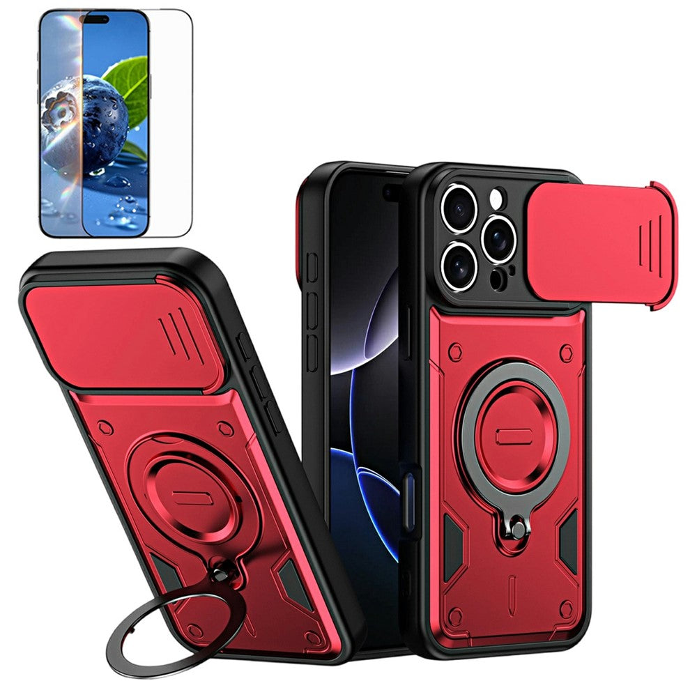 For iPhone 16 Pro Magnetic Case Rotating Kickstand Lens Slider Cover PC + TPU Phone Shell with Tempered Glass Flim