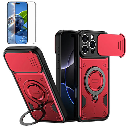 For iPhone 16 Pro Magnetic Case Rotating Kickstand Lens Slider Cover PC + TPU Phone Shell with Tempered Glass Flim