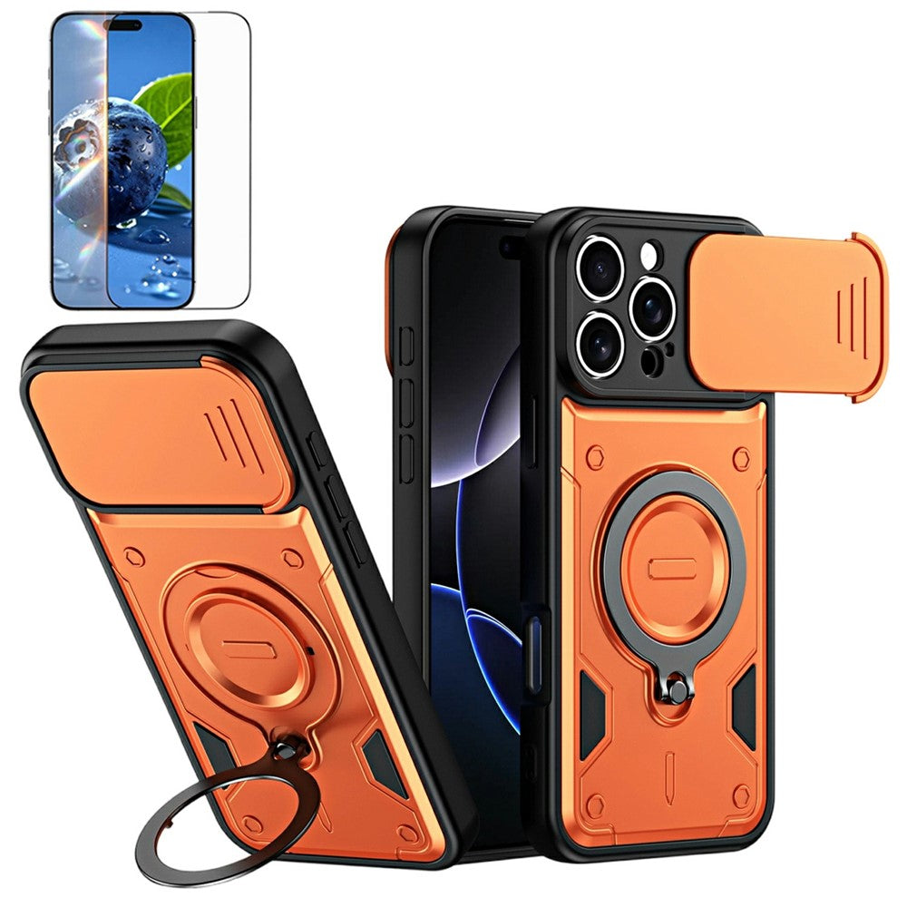 For iPhone 16 Pro Max Magnetic Case Rotating Kickstand Lens Slider Cover PC + TPU Phone Shell with Tempered Glass Flim