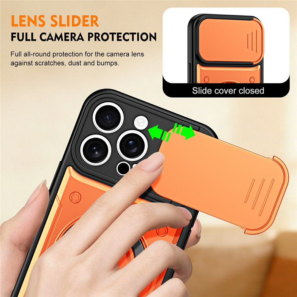 For iPhone 16 Pro Max Magnetic Case Rotating Kickstand Lens Slider Cover PC + TPU Phone Shell with Tempered Glass Flim