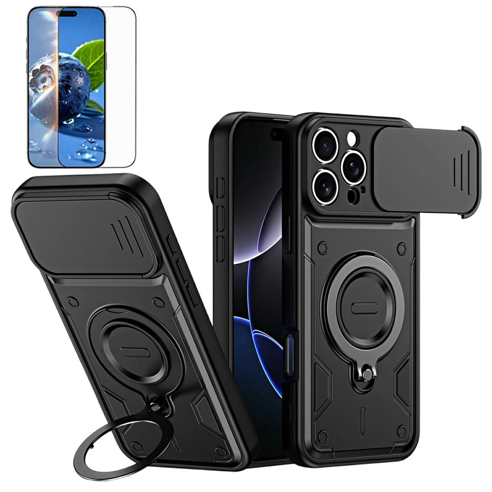 For iPhone 16 Pro Max Magnetic Case Rotating Kickstand Lens Slider Cover PC + TPU Phone Shell with Tempered Glass Flim