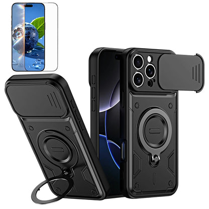 For iPhone 16 Pro Max Magnetic Case Rotating Kickstand Lens Slider Cover PC + TPU Phone Shell with Tempered Glass Flim