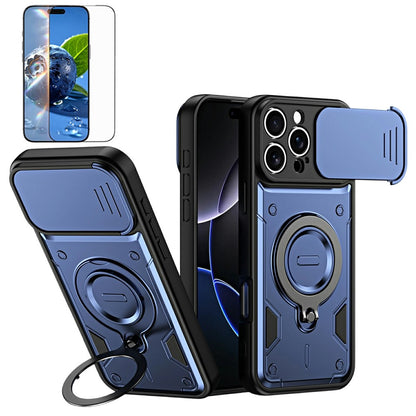 For iPhone 16 Pro Max Magnetic Case Rotating Kickstand Lens Slider Cover PC + TPU Phone Shell with Tempered Glass Flim