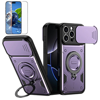 For iPhone 16 Pro Max Magnetic Case Rotating Kickstand Lens Slider Cover PC + TPU Phone Shell with Tempered Glass Flim