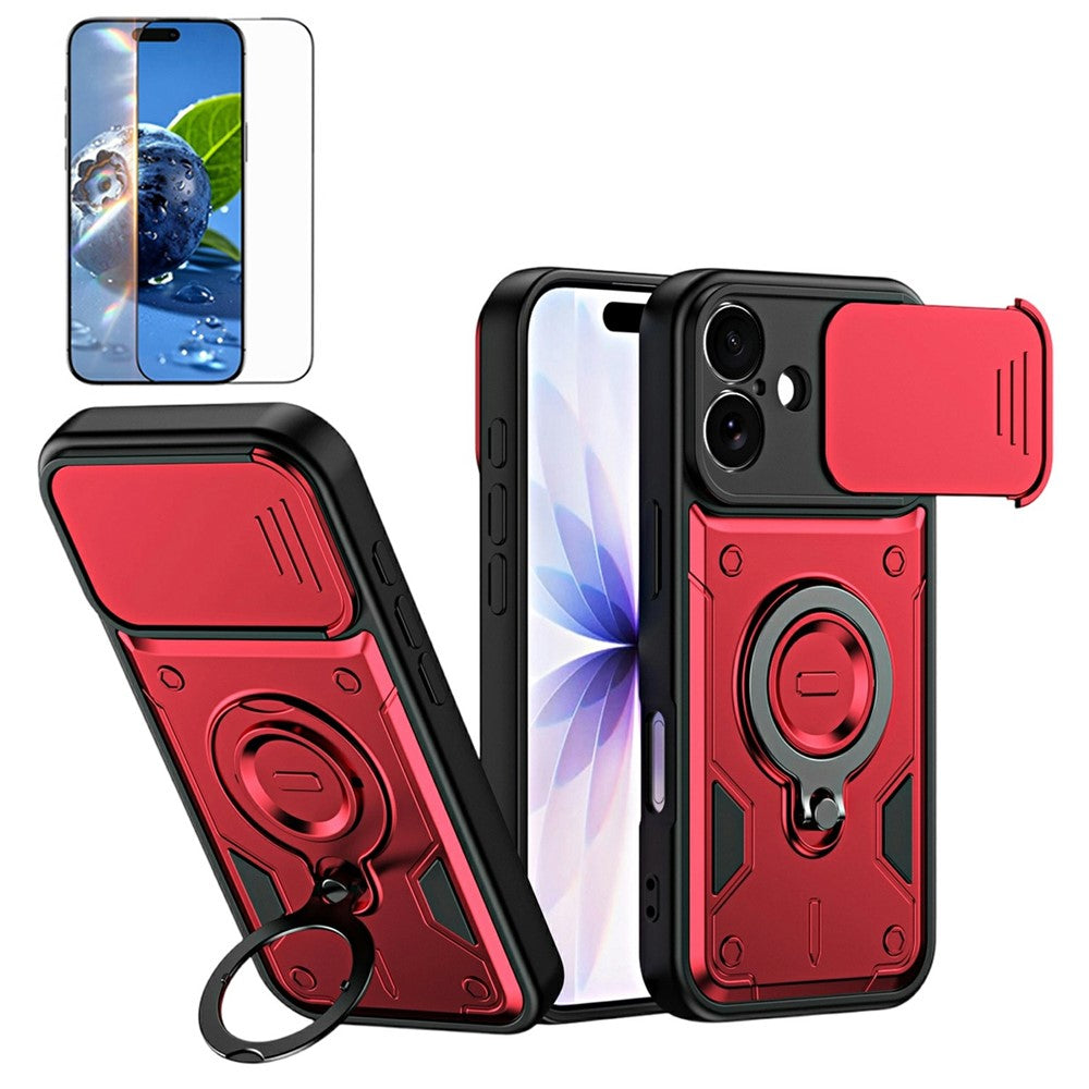 For iPhone 17 Magnetic Case Rotating Kickstand Lens Slider Cover PC + TPU Phone Shell with Tempered Glass Flim