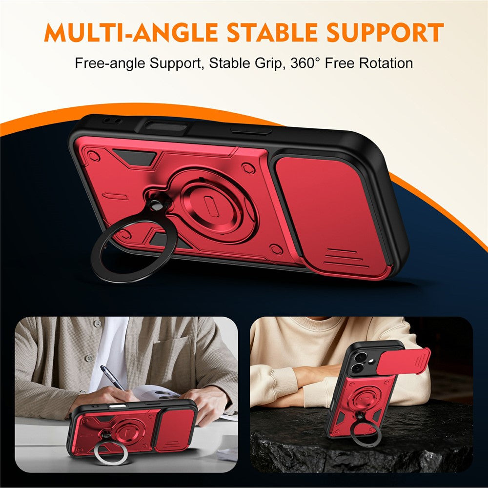 For iPhone 17 Magnetic Case Rotating Kickstand Lens Slider Cover PC + TPU Phone Shell with Tempered Glass Flim