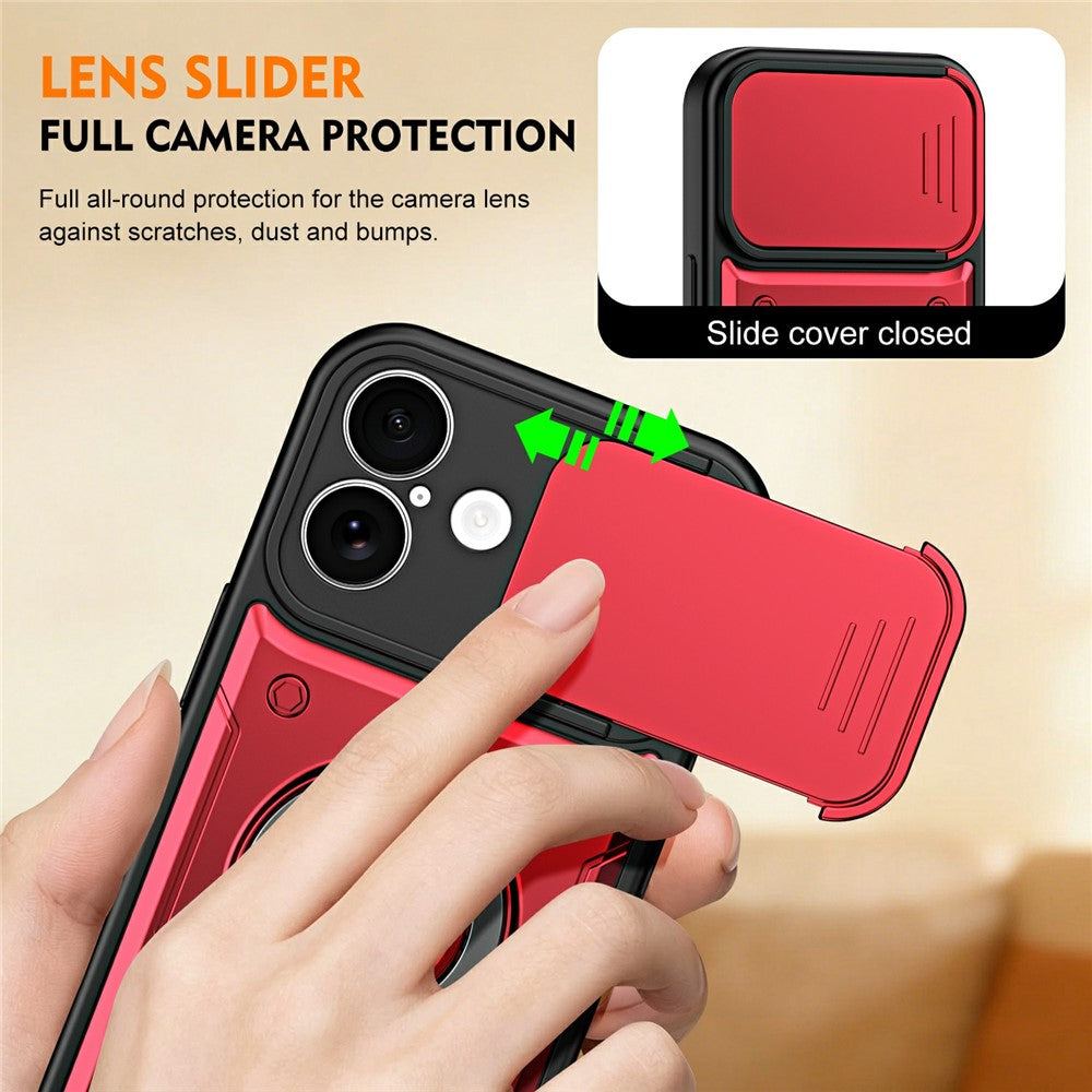 For iPhone 17 Magnetic Case Rotating Kickstand Lens Slider Cover PC + TPU Phone Shell with Tempered Glass Flim