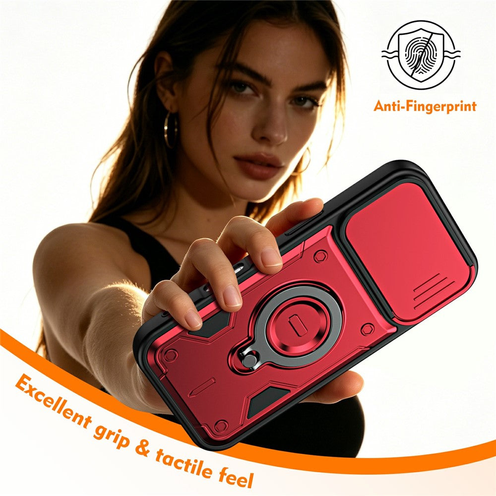 For iPhone 17 Magnetic Case Rotating Kickstand Lens Slider Cover PC + TPU Phone Shell with Tempered Glass Flim