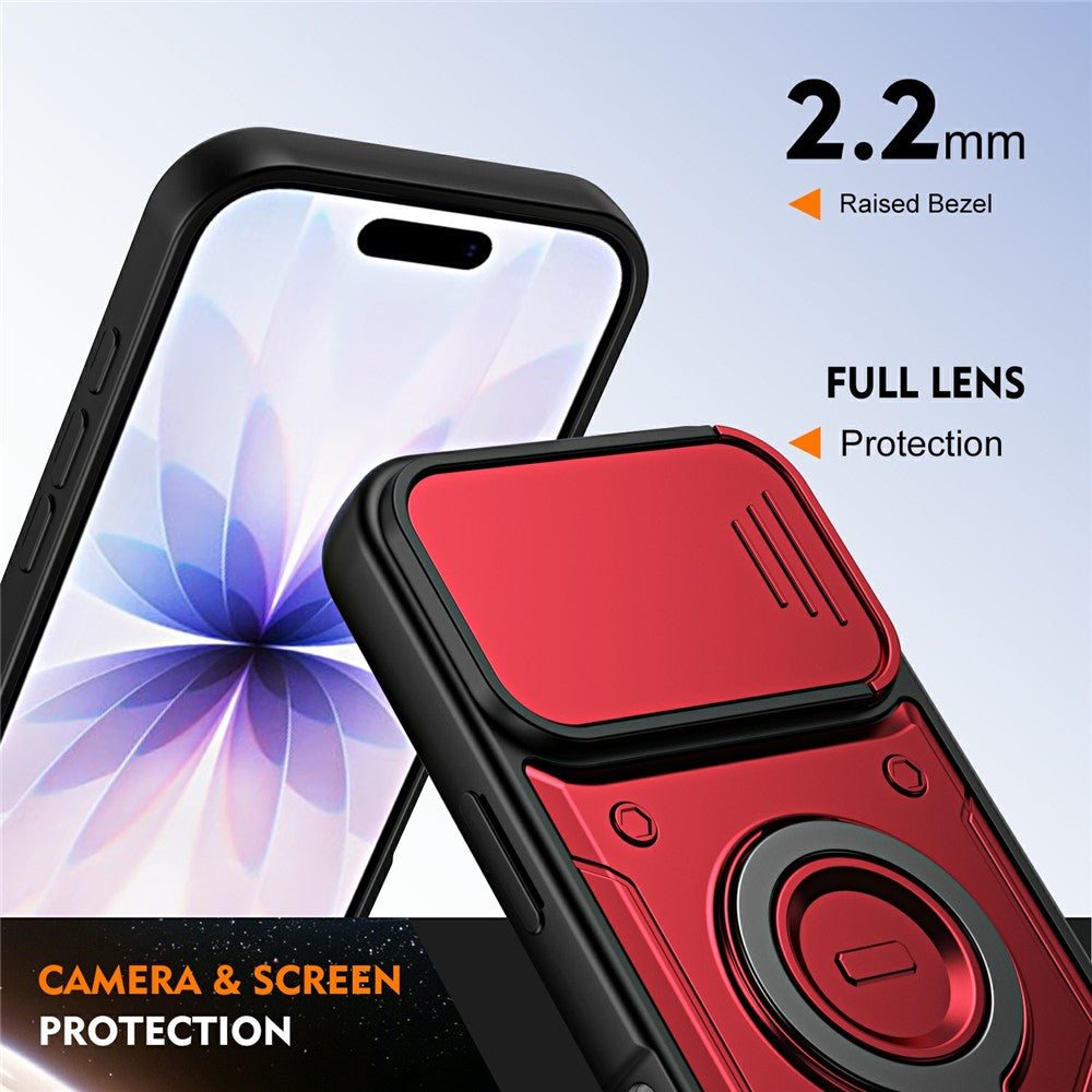 For iPhone 17 Magnetic Case Rotating Kickstand Lens Slider Cover PC + TPU Phone Shell with Tempered Glass Flim
