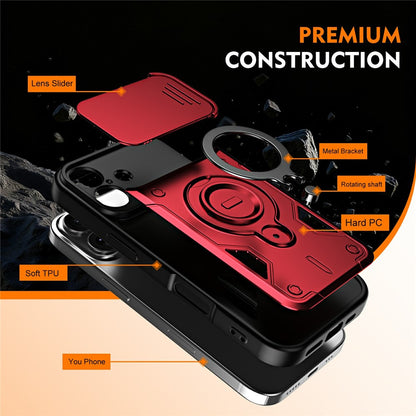 For iPhone 17 Magnetic Case Rotating Kickstand Lens Slider Cover PC + TPU Phone Shell with Tempered Glass Flim