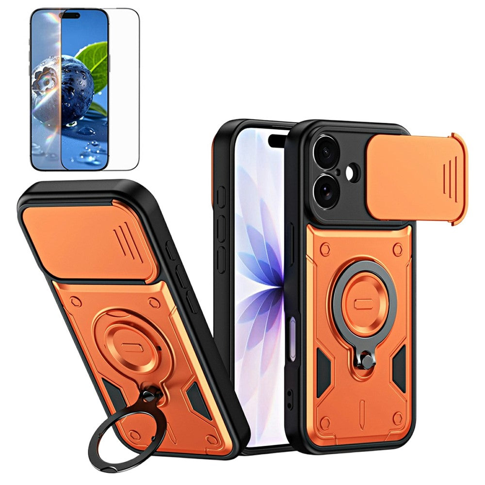 For iPhone 17 Magnetic Case Rotating Kickstand Lens Slider Cover PC + TPU Phone Shell with Tempered Glass Flim