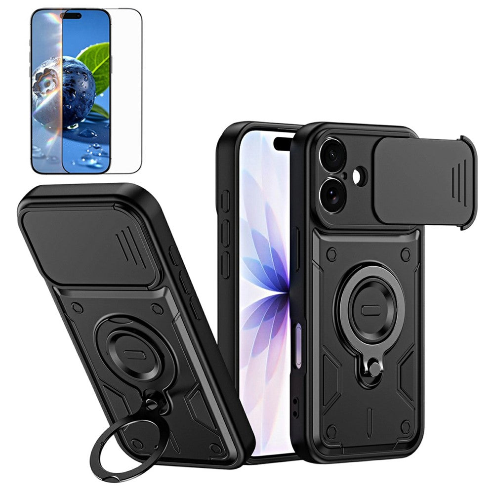 For iPhone 17 Magnetic Case Rotating Kickstand Lens Slider Cover PC + TPU Phone Shell with Tempered Glass Flim