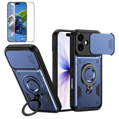 For iPhone 17 Magnetic Case Rotating Kickstand Lens Slider Cover PC + TPU Phone Shell with Tempered Glass Flim