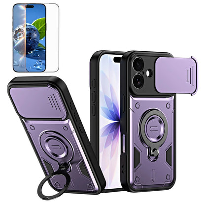 For iPhone 17 Magnetic Case Rotating Kickstand Lens Slider Cover PC + TPU Phone Shell with Tempered Glass Flim