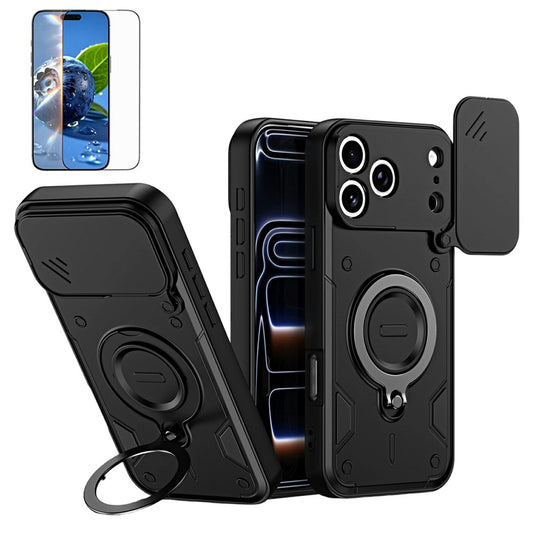 For iPhone 17 Pro Magnetic Case Rotating Kickstand Lens Slider Cover PC + TPU Phone Shell with Tempered Glass Flim