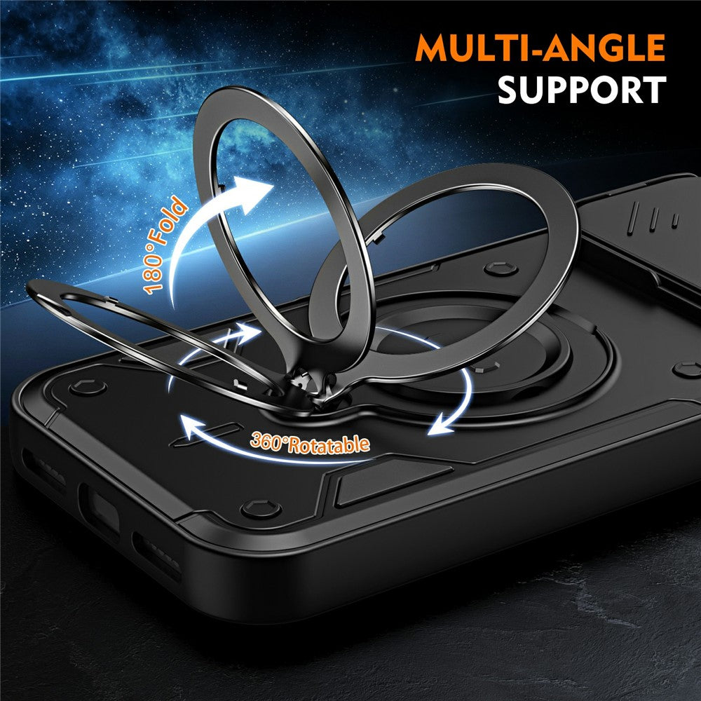 For iPhone 17 Pro Magnetic Case Rotating Kickstand Lens Slider Cover PC + TPU Phone Shell with Tempered Glass Flim