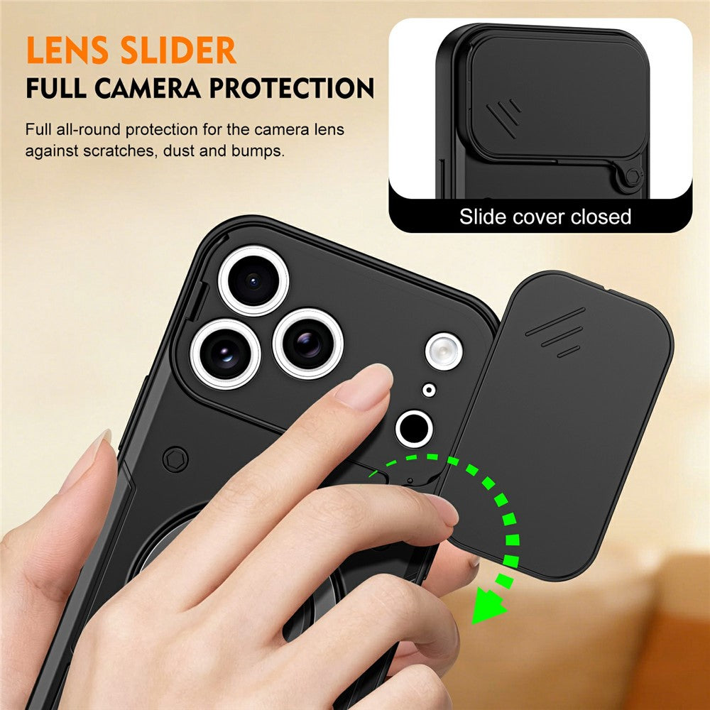 For iPhone 17 Pro Magnetic Case Rotating Kickstand Lens Slider Cover PC + TPU Phone Shell with Tempered Glass Flim