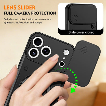 For iPhone 17 Pro Magnetic Case Rotating Kickstand Lens Slider Cover PC + TPU Phone Shell with Tempered Glass Flim