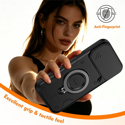 For iPhone 17 Pro Magnetic Case Rotating Kickstand Lens Slider Cover PC + TPU Phone Shell with Tempered Glass Flim
