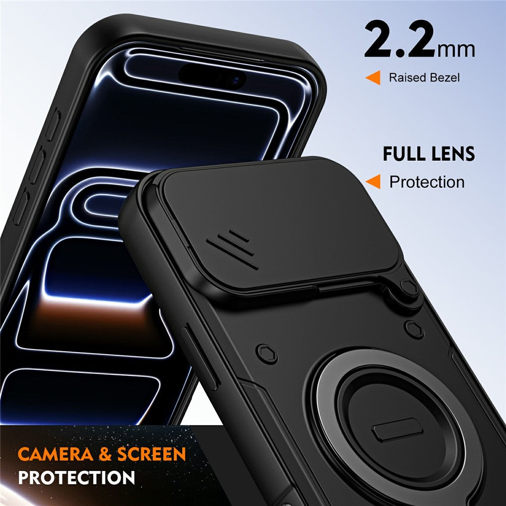 For iPhone 17 Pro Magnetic Case Rotating Kickstand Lens Slider Cover PC + TPU Phone Shell with Tempered Glass Flim