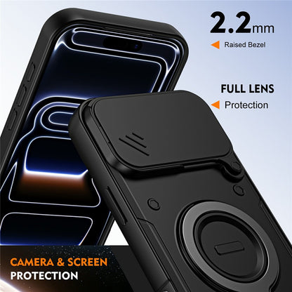 For iPhone 17 Pro Magnetic Case Rotating Kickstand Lens Slider Cover PC + TPU Phone Shell with Tempered Glass Flim