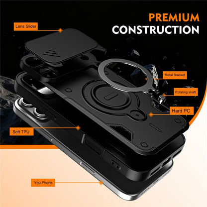 For iPhone 17 Pro Magnetic Case Rotating Kickstand Lens Slider Cover PC + TPU Phone Shell with Tempered Glass Flim