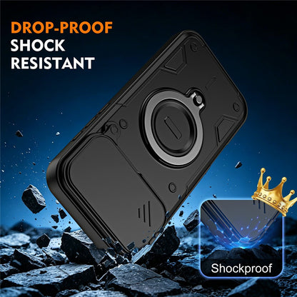 For iPhone 17 Pro Magnetic Case Rotating Kickstand Lens Slider Cover PC + TPU Phone Shell with Tempered Glass Flim