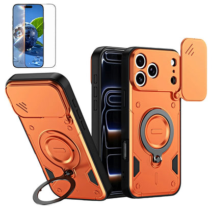 For iPhone 17 Pro Magnetic Case Rotating Kickstand Lens Slider Cover PC + TPU Phone Shell with Tempered Glass Flim