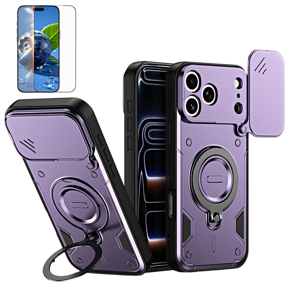 For iPhone 17 Pro Magnetic Case Rotating Kickstand Lens Slider Cover PC + TPU Phone Shell with Tempered Glass Flim